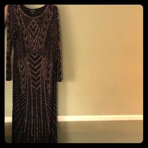 Xscape, black dress with gold & silver beading